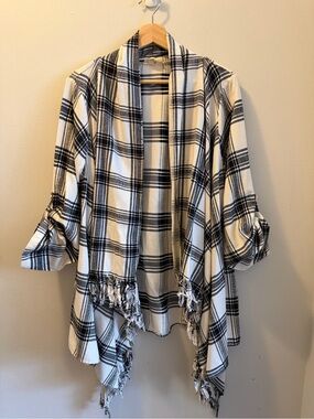 Kori Black and White Plaid Fringe Open Cardigan